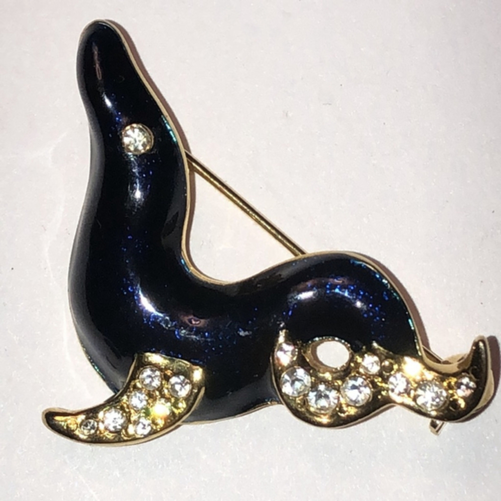 Vintage Blue Enamel CZ Rhinestones Seal Brooch Shoulder Pin